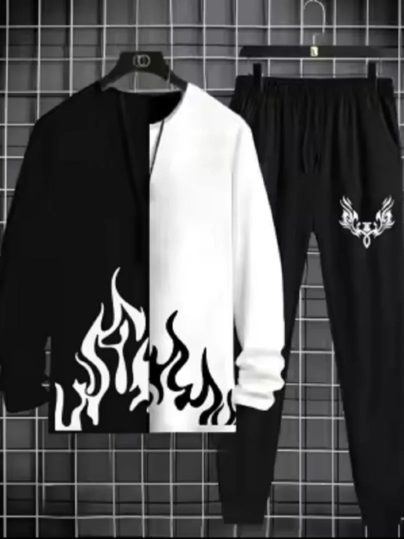 New Trendy Black & White Fire Printed Tracksuit For Men- T-shirt & Trouser Printed Tracksuit
