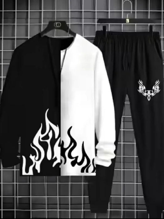 New Trendy Black & White Fire Printed Tracksuit For Men- T-shirt & Trouser Printed Tracksuit