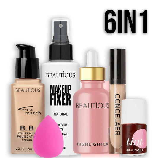 Beautious 6 in 1 - Deal Of Foundation + Concealer + Fixer + Lip Tint + Highlighter + Beauty Blender